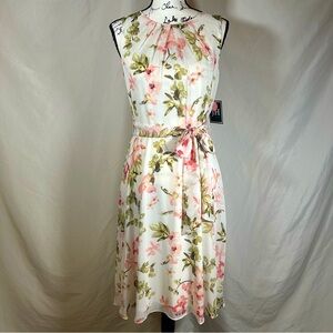NWT JH Collection Sleeveless Floral Midi Dress women’s 4 w/Belt Pleated neckline
